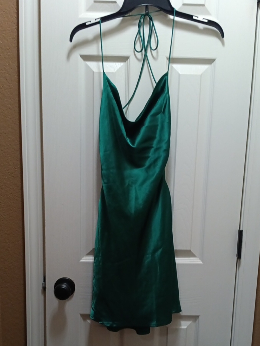 Beginning Boutique Emerald Green Satin Cowl Mini Dress